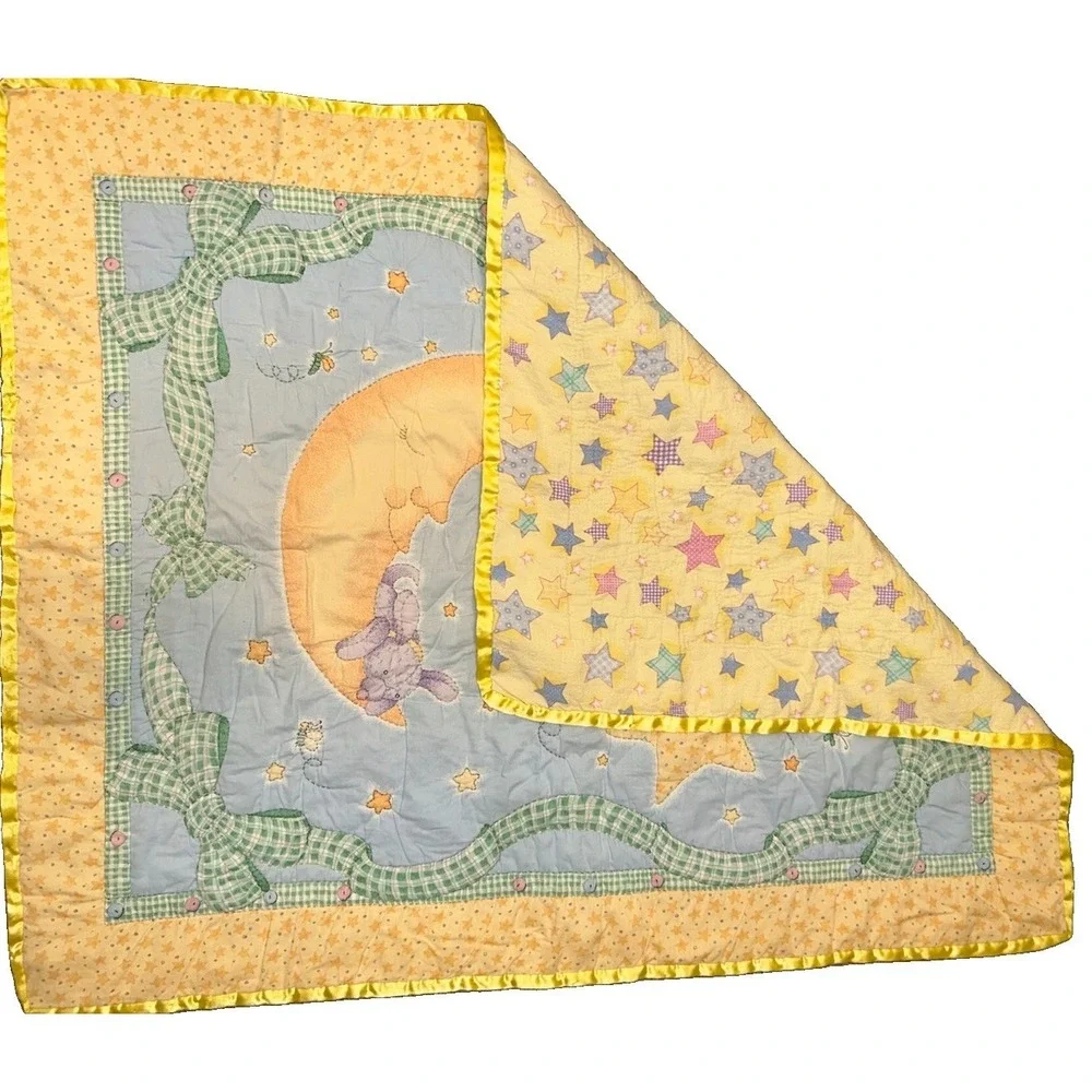 Vtg 90s Baby Crib Quilt Lot 2 Man In The Moon Satin Trim ABC Alphabet Blanket